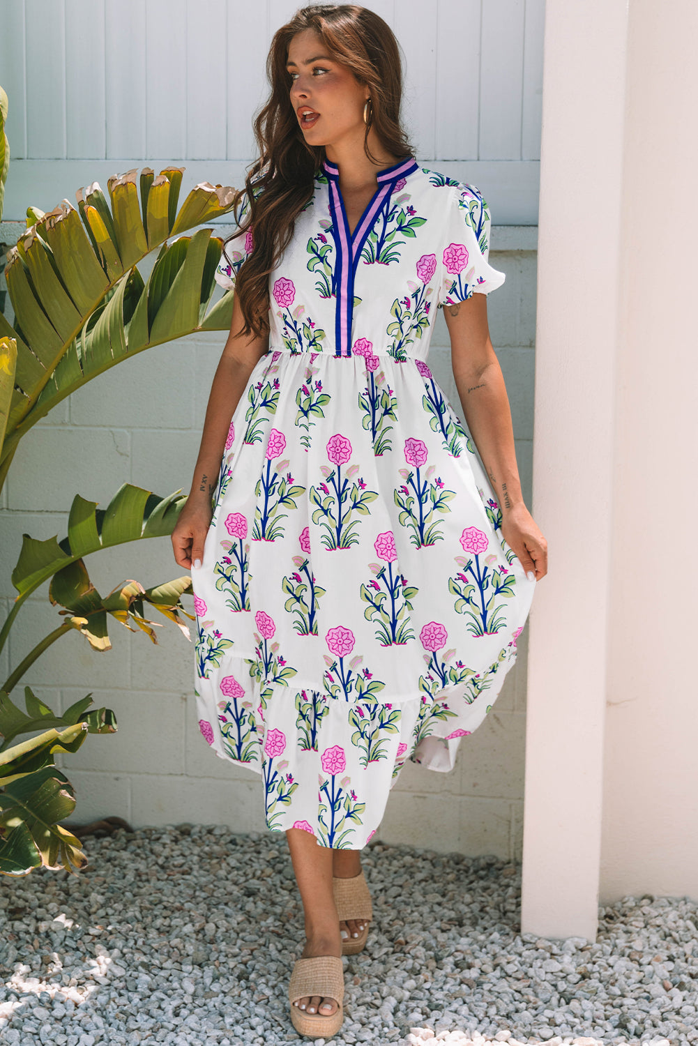 Threaded Pear Julietta Floral Puff Short Sleeve V Neck High Waist Maxi Dress