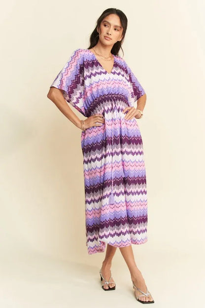 Davi & Dani Multi Color Wavy Tie Waist Flowy Sleeve Dress