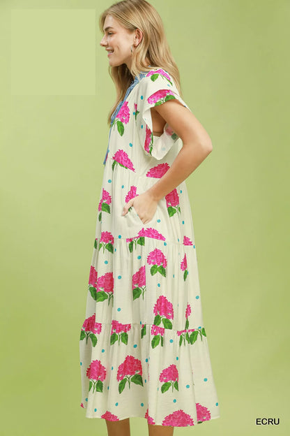 Umgee Hydrangea Print Tiered Midi Dress