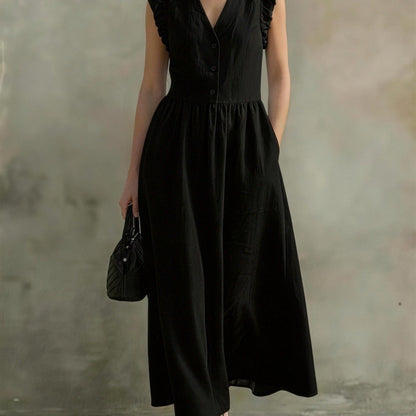 V-Neck Puff-Sleeve Dress with Pockets – Cotton Linen, 7 Colors