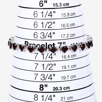 Heart Red Garnet Prong Sterling Silver Box Clasp Tennis Bracelet