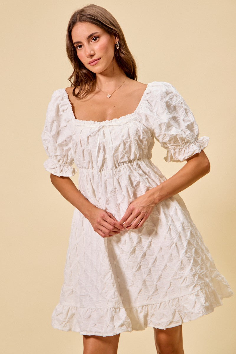 SO ME Texture Woven Ruching On Bust Mini Dress in White