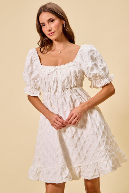 SO ME Texture Woven Ruching On Bust Mini Dress in White