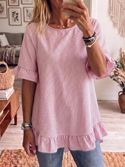 Women's Striped Ruffle-Sleeve Loose-Fit Blouse – Three-Quarter Sleeve