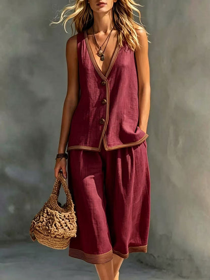 Women's Sleeveless Buttoned Vest & Shorts Two-Piece Set