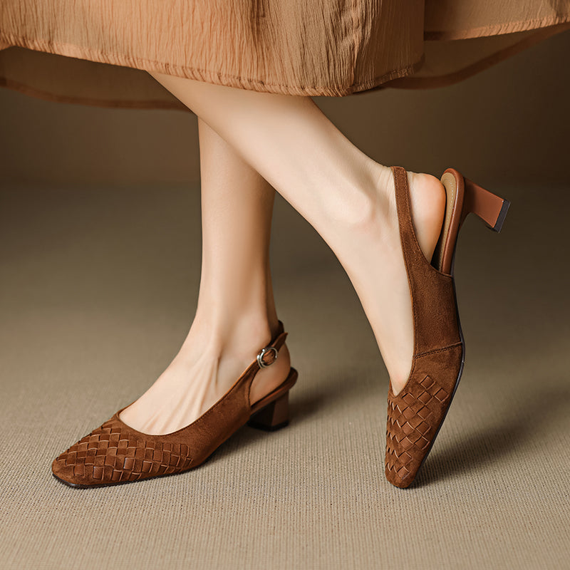 Women's Handmade Suede Woven Slingback Block Heel Sandals, Square-Toe Buckle Dress Shoes