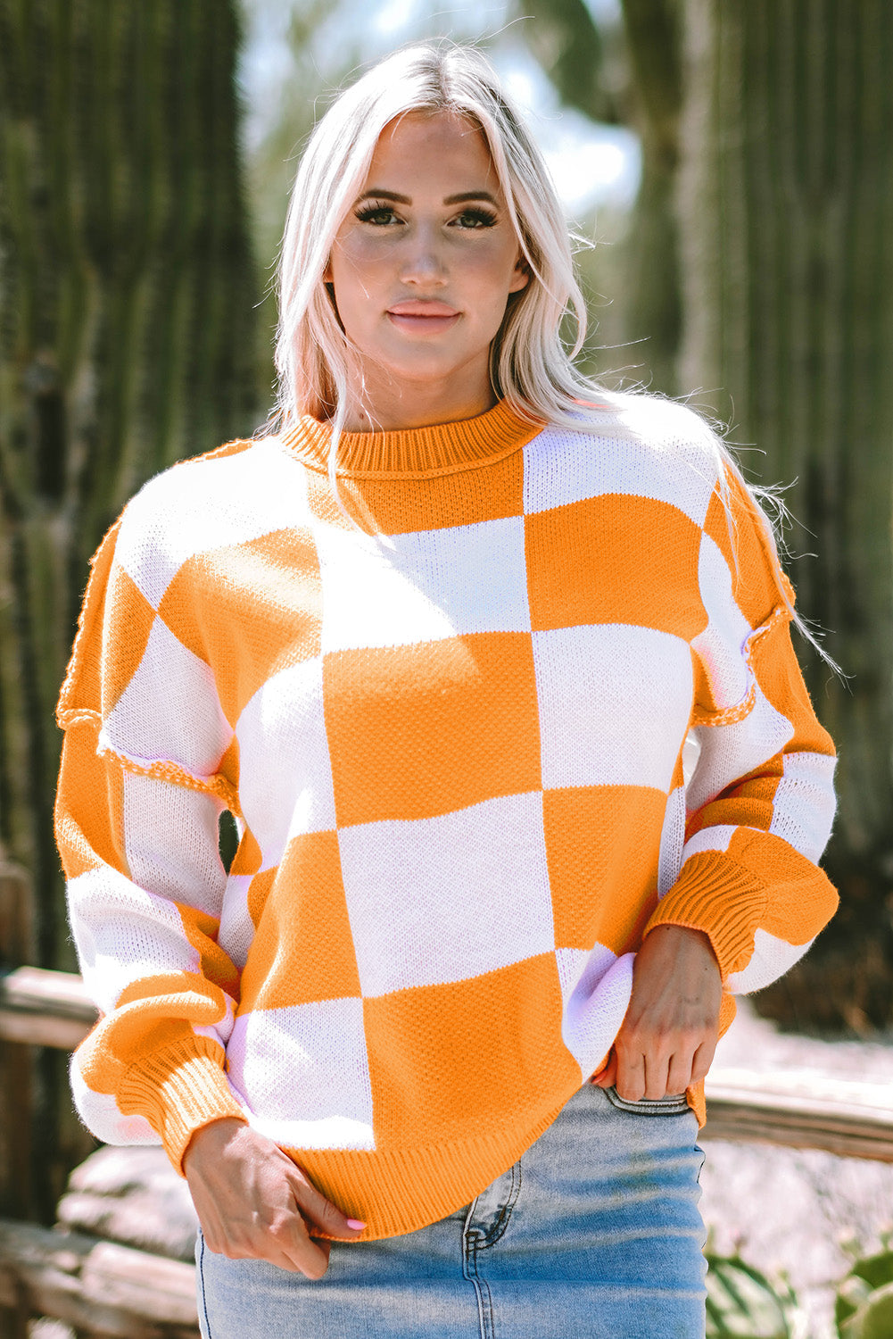Threaded Pear Ashley Checkered Bishop Sleeve Sweater
