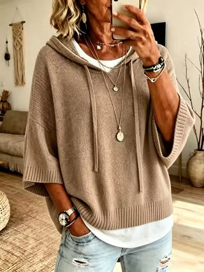 Full Size Drawstring 3/4 Sleeve Hooded Sweater Plus Size