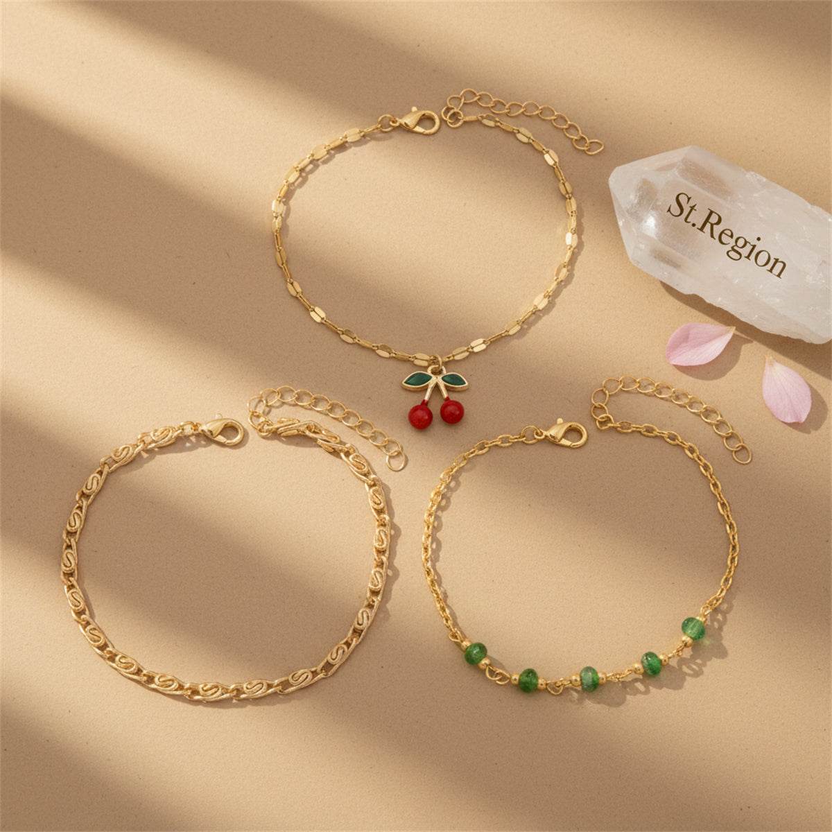 Green Quartz & Enamel Goldtone Cherry Charm Anklet Set