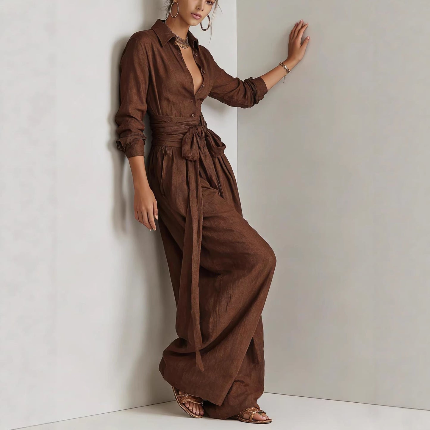 Women's Linen Long Sleeve Shirt & High-Waist Wide-Leg Pants Set with Tie Belt
