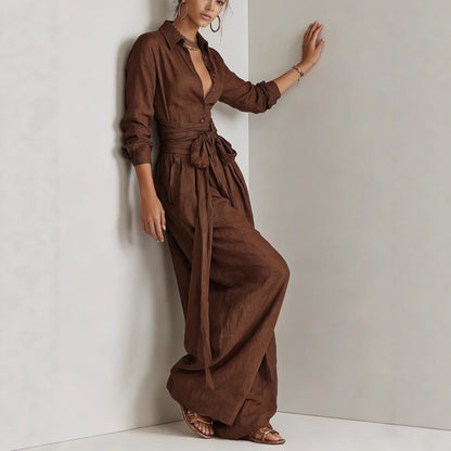 Women's Linen Long Sleeve Shirt & High-Waist Wide-Leg Pants Set with Tie Belt