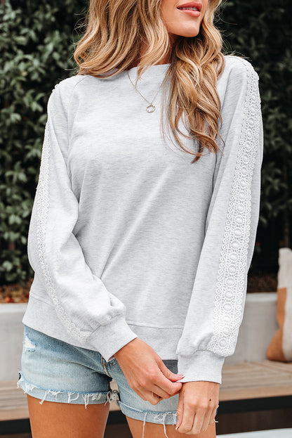 Threaded Pear Peyton Lace Patchwork Raglan Sleeve Crew Neck Sweatshirt