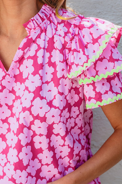 Threaded Pear Capri Floral Ric Rac Ruffle Sleeve Blouse