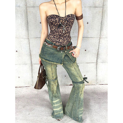 Womens Distressed Lace-up Vintage-style American Denim Jeans