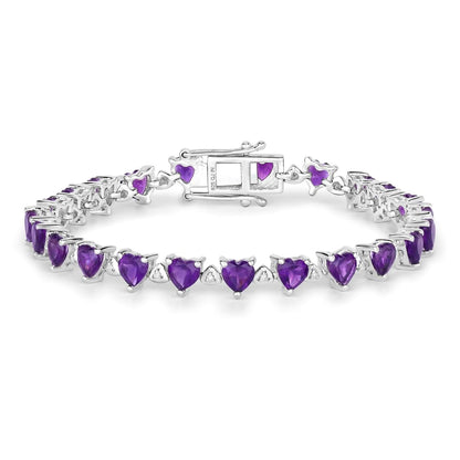 9.89 Ct Heart Purple Amethyst & Diamond Prong Silver Tennis Bracelet