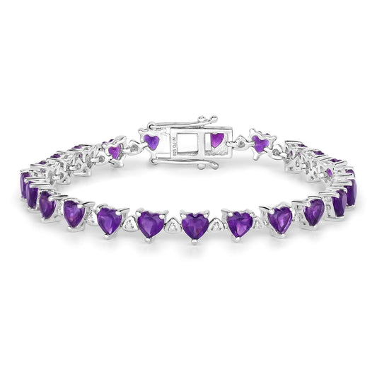 9.89 Ct Heart Purple Amethyst & Diamond Prong Silver Tennis Bracelet