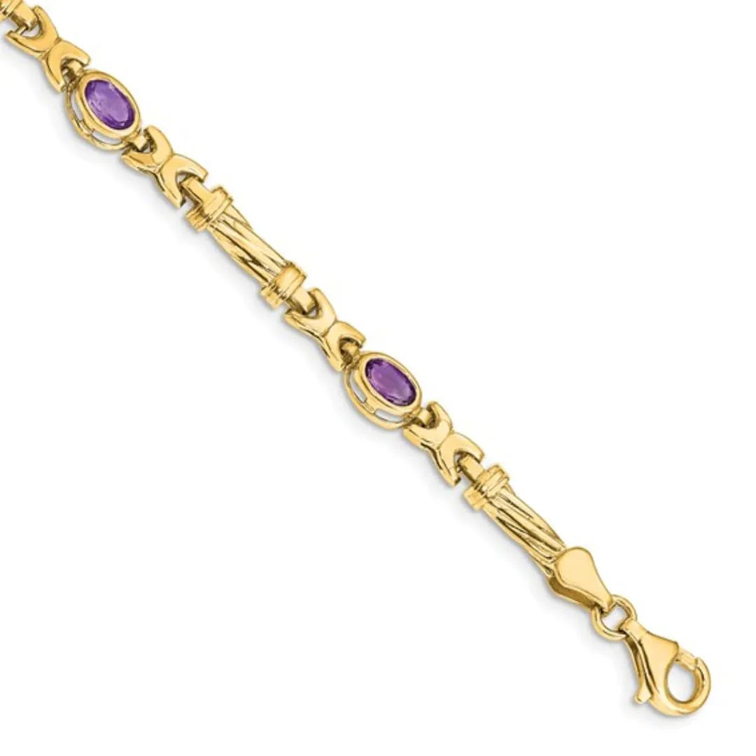Oval Purple Amethyst Bezel 10K Yellow Gold Fancy Link Bracelet