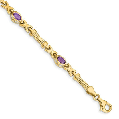 Oval Purple Amethyst Bezel 10K Yellow Gold Fancy Link Bracelet