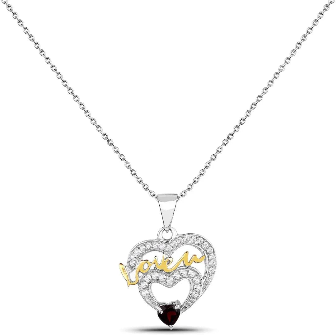 Heart Red Garnet Prong Silver Love Mom Charm Necklace