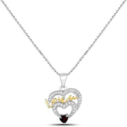 Heart Red Garnet Prong Silver Love Mom Charm Necklace