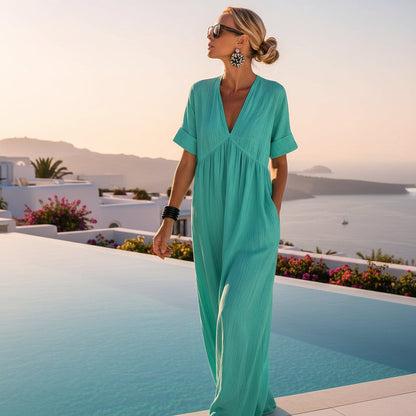 Women's V-Neck Empire-Waist Crinkle Gauze Maxi Dress