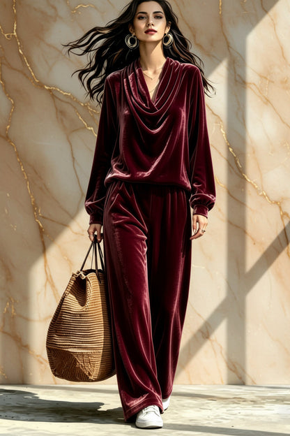 Women's Gold Velvet Cowl Neck Drop-Shoulder Top & Wide-Leg Pants Set – 8 Colors