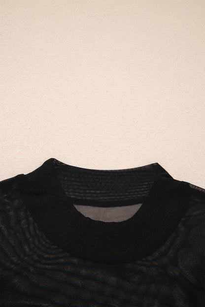 Black Sheer Mesh Patchwork Cap Sleeve T Shirt