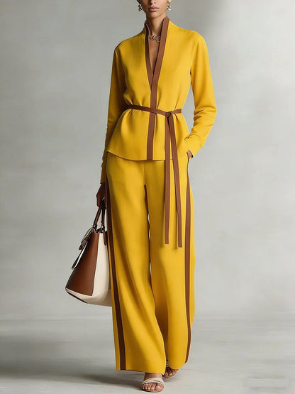 Women’s Patchwork Cardigan & Wide Leg Pants Two Piece Set