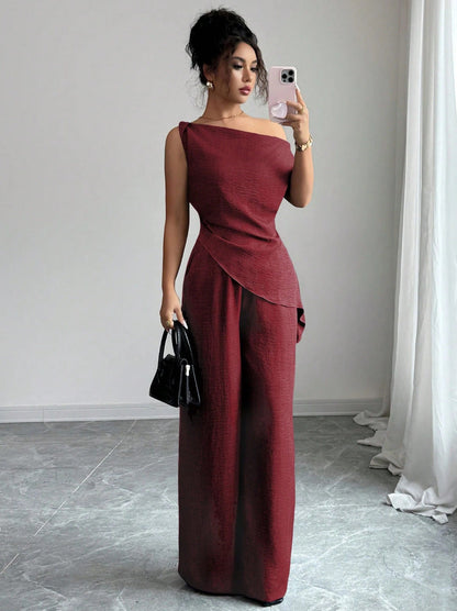 One-Shoulder Asymmetric Top & Wide-Leg Pants 2-Piece Set – Women's Elegant Co-ord Suit