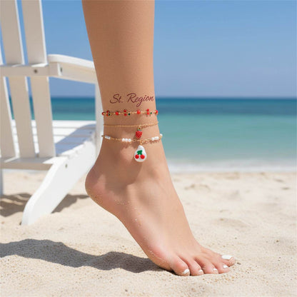 Enamel & Pearl Goldtone Strawberry Cherry Charm Tassel Anklet Set