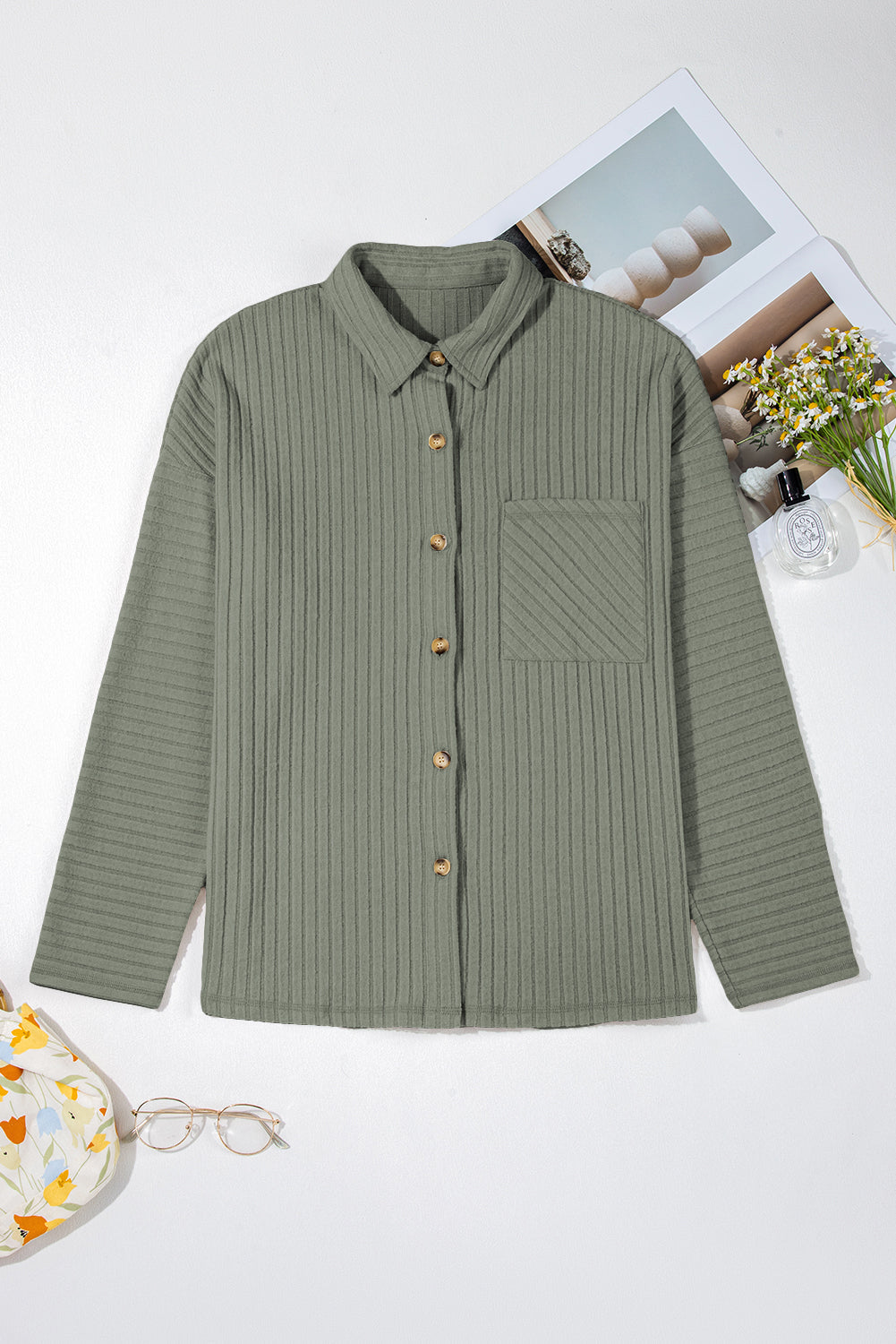 Threaded Pear Lucia Ribbed Texture Button Up Shacket