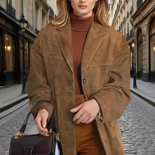 Suede-Look Blazer Jacket — V-Notch Lapel, Button-Front Casual Coat