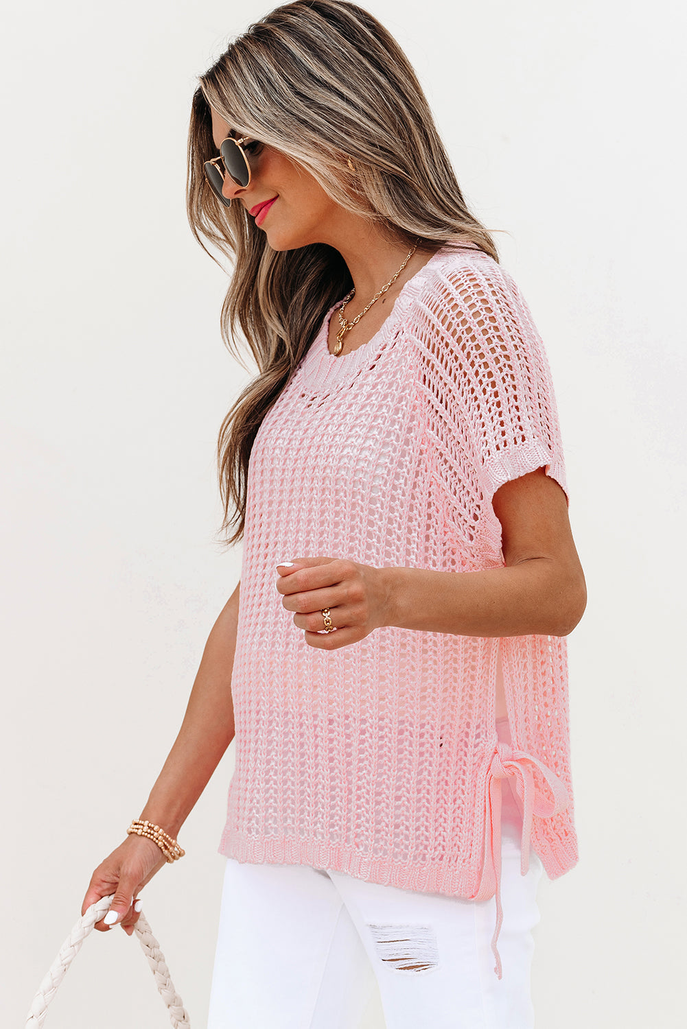 Threaded Pear Lettie Hollow-out Crochet Side Tied Short Sleeve Sweater