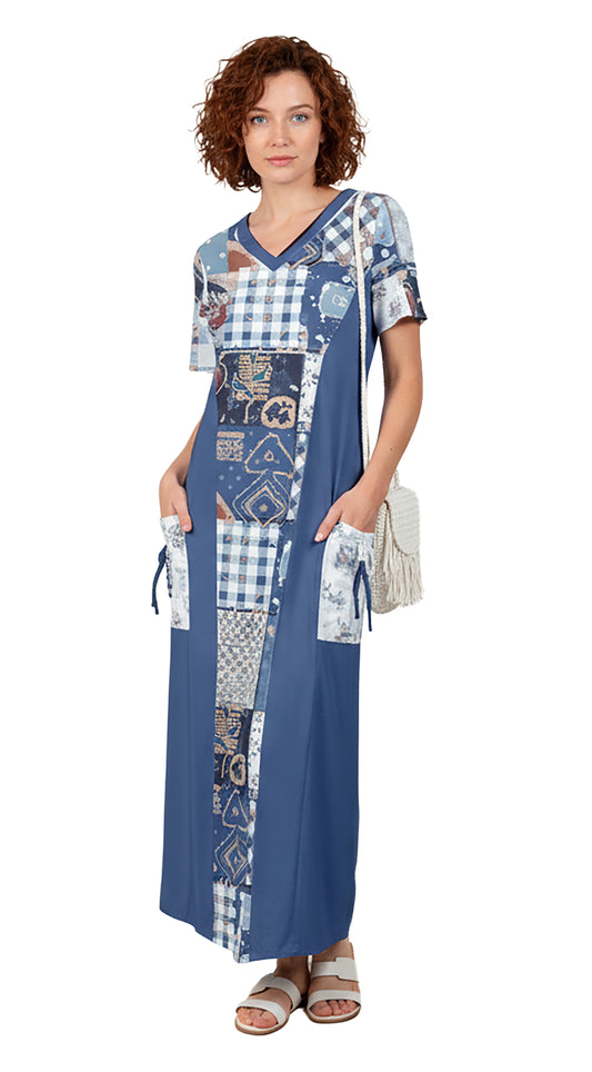 White Blue Patchwork Print-
