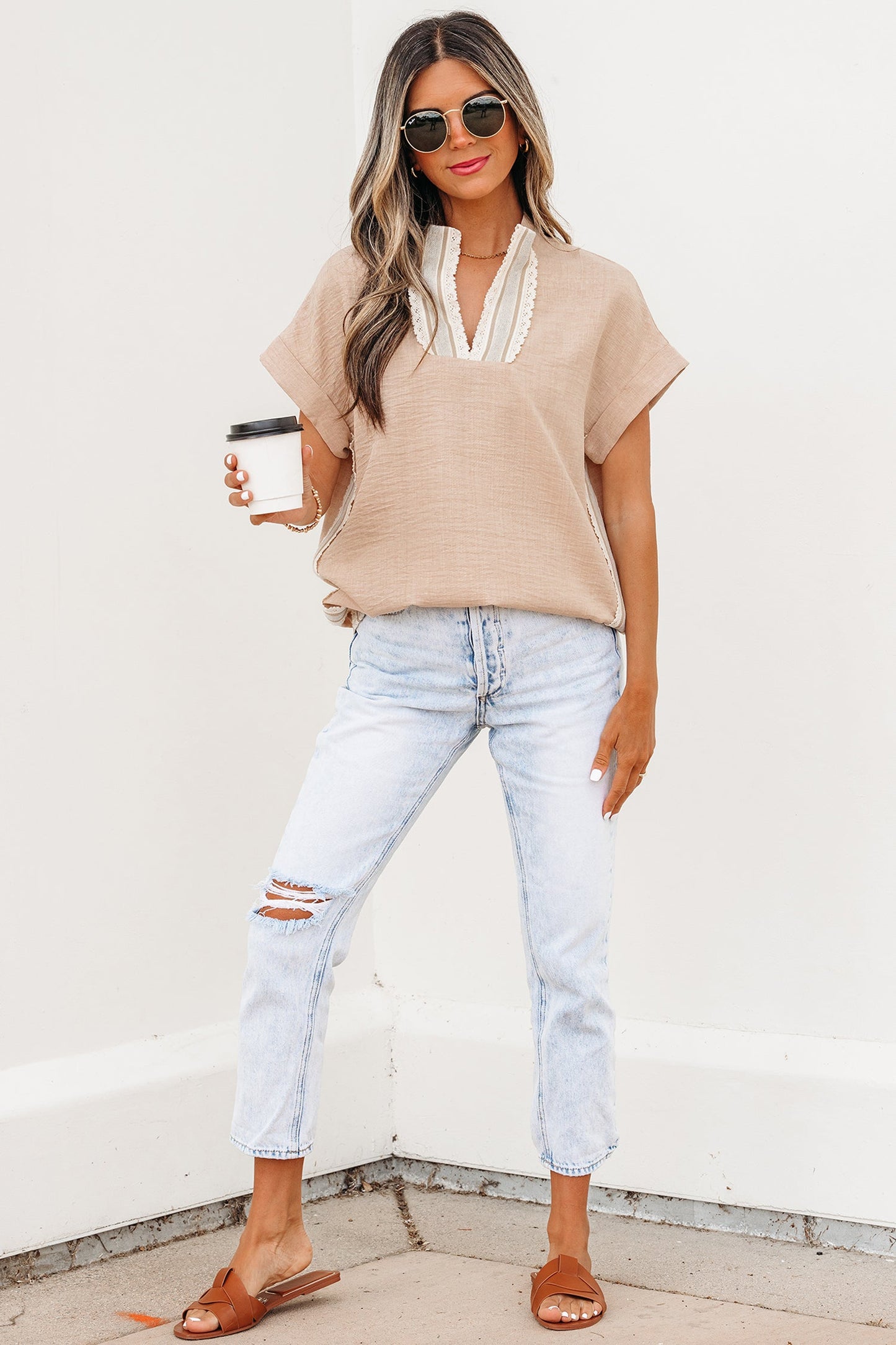 Threaded Pear Jessica Rolled Short Sleeve Blouse
