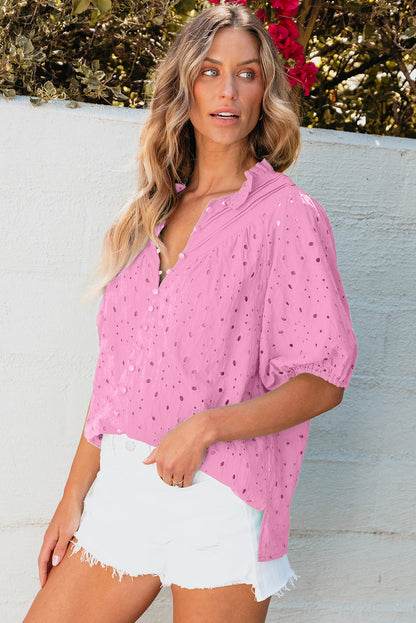 Arielle Embroidered Hollow-out Puff Sleeve Blouse - Threaded Pear