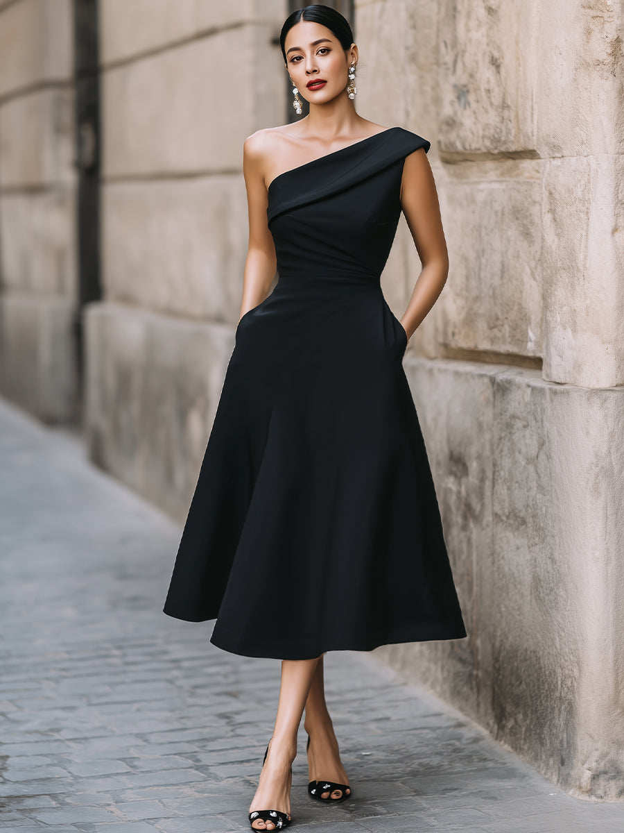 Women's Off-Shoulder Swing Dress – Solid Color Flowy Midi