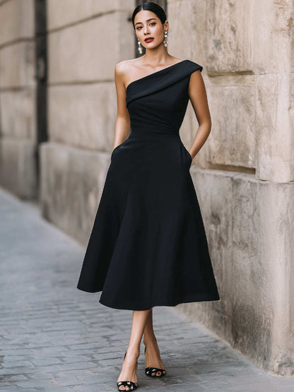 Women's Off-Shoulder Swing Dress – Solid Color Flowy Midi