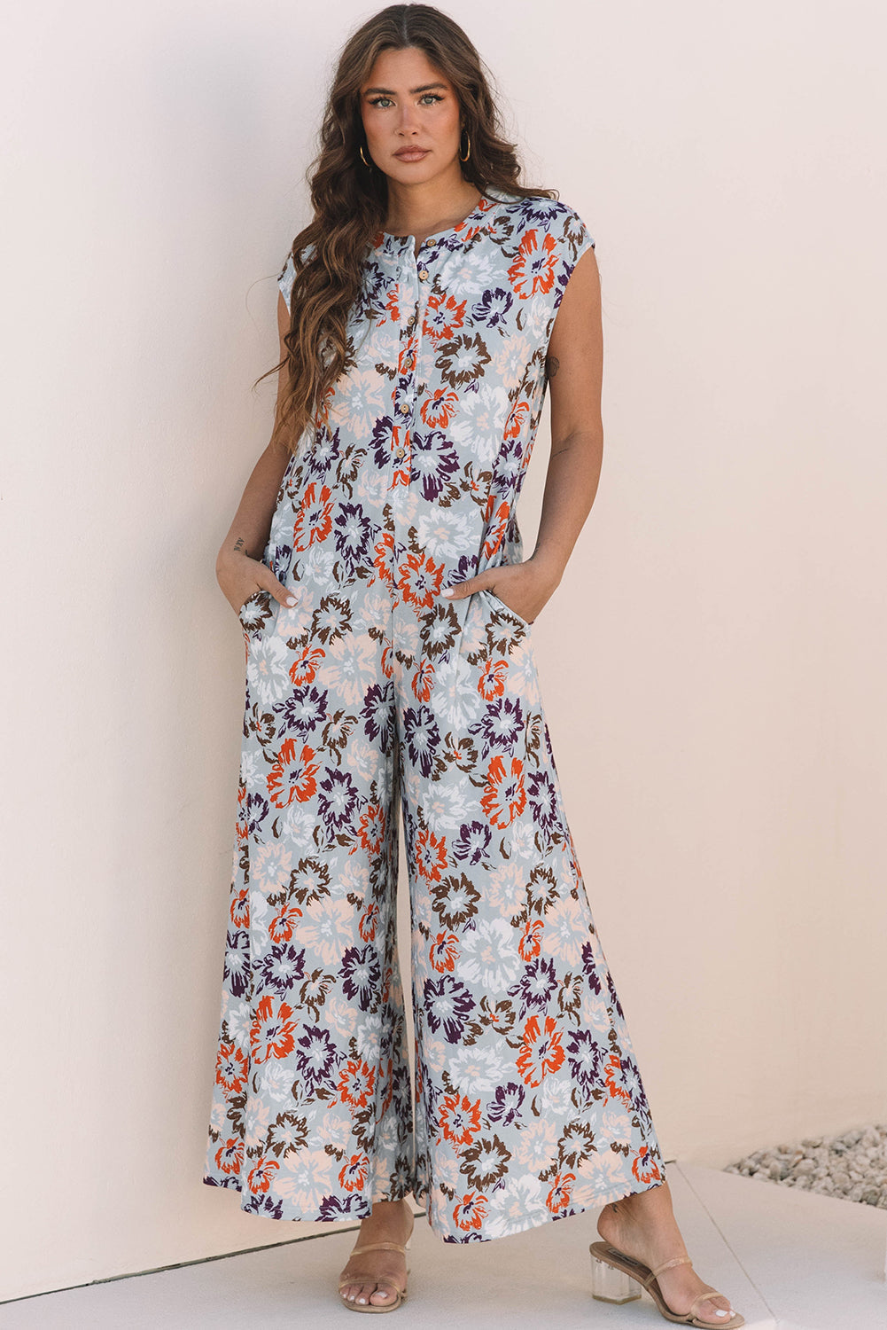 Threaded Pear Kylee Floral Sleeveless Buttoned Wide Leg Jumpsuit