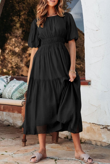 Threaded Pear Lara Puff Sleeve Pleated High Waist Midi Dress