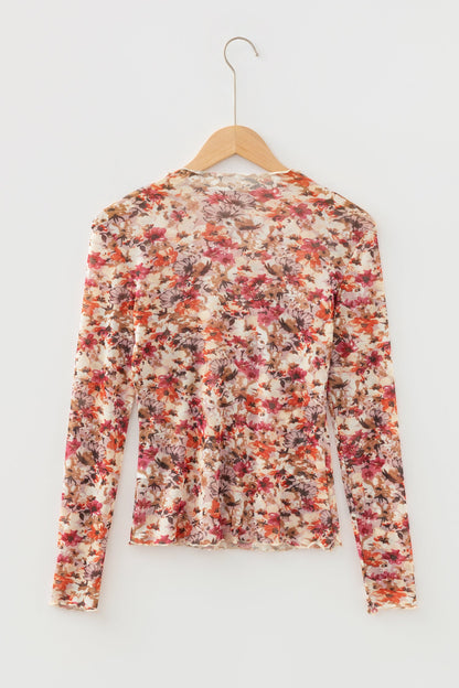 Threaded Pear Virginia Floral Print Mesh Long Sleeve Top