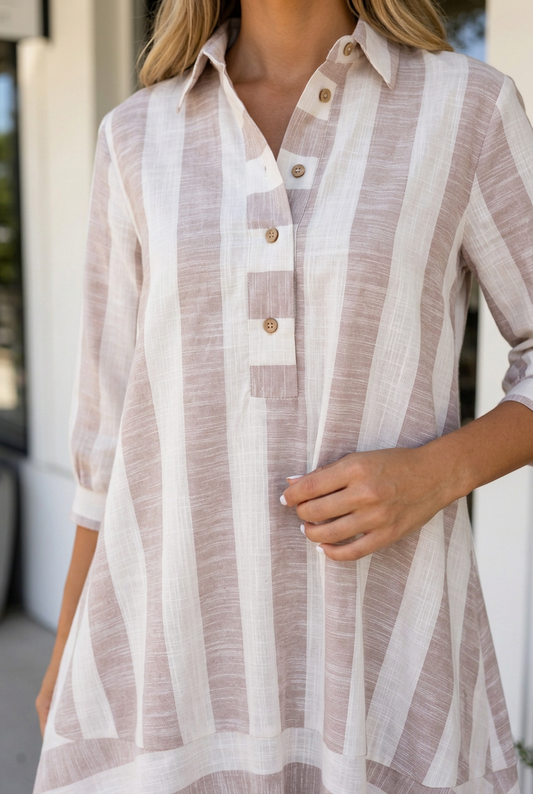 Remi Sleeve Short Shift Dress - L - 12/14 / Khaki Stripe