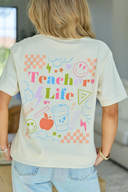 Checkered Teacher Life Multi Ivory Graphic Tee