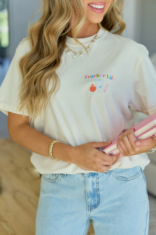 Checkered Teacher Life Multi Ivory Graphic Tee
