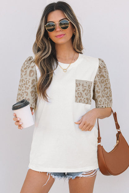 Threaded Pear Leona Leopard Lace Trim Puff Sleeve Top