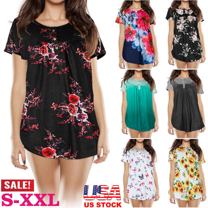 Women Summer Shirts Tops Loose Short Sleeve T Shirts Casual Floral Printed Button Shirts Blouse S-XXL