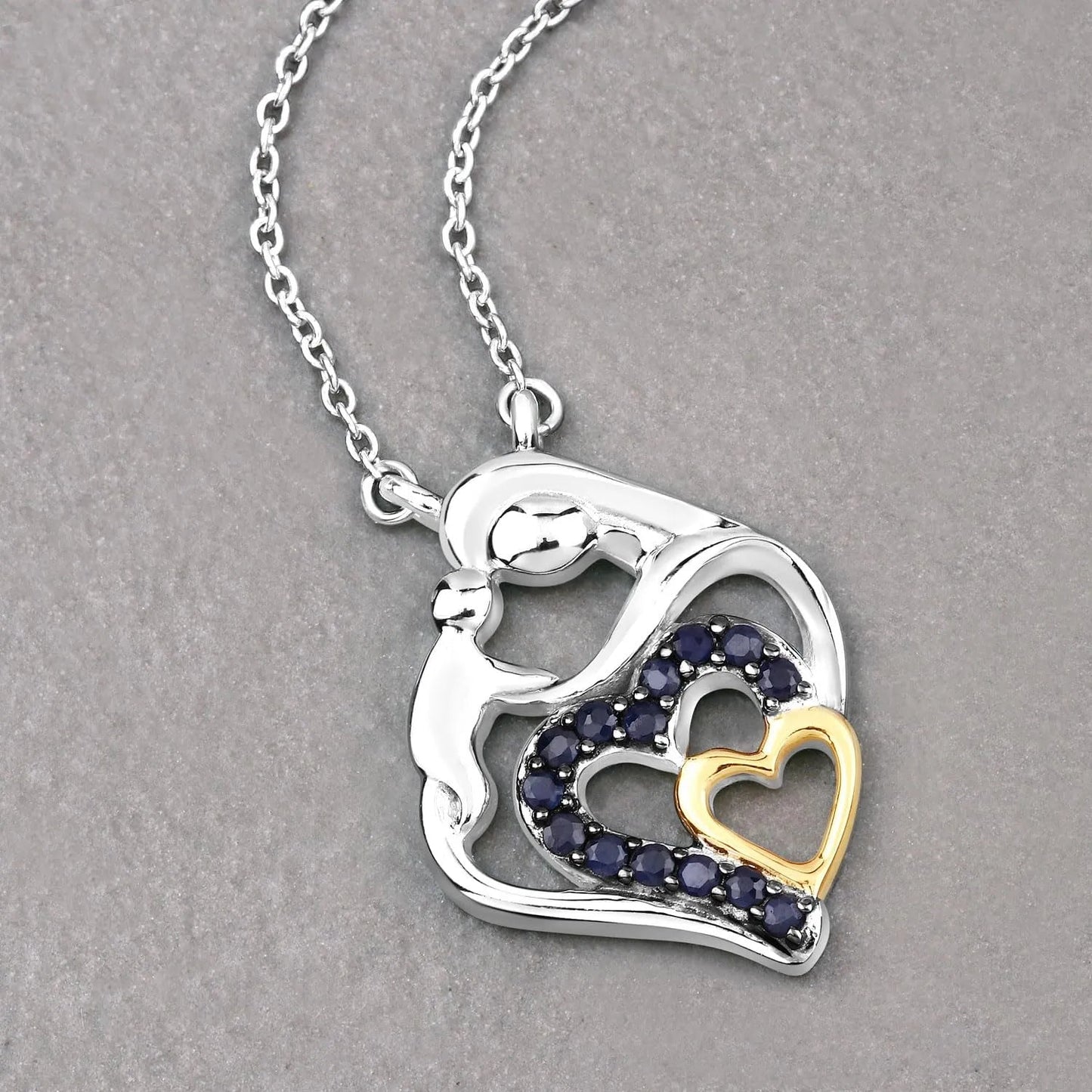 Round Blue Sapphire Prong Silver Double Heart Pendant Necklace