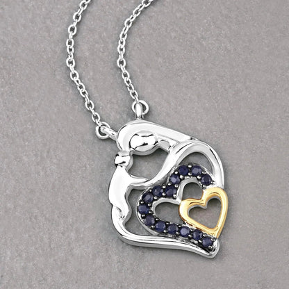 Round Blue Sapphire Prong Silver Double Heart Pendant Necklace