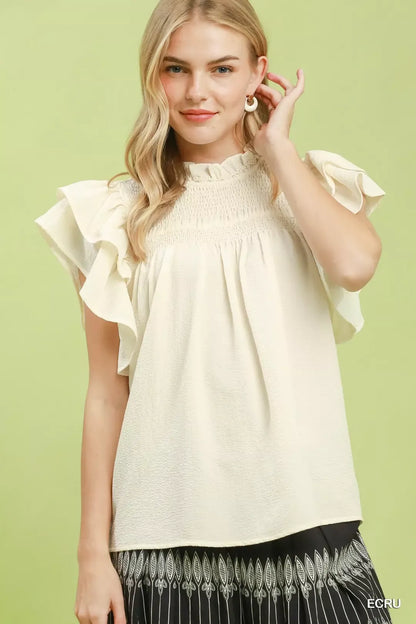 Umgee Smocked Ruffle Sleeve Textured Top