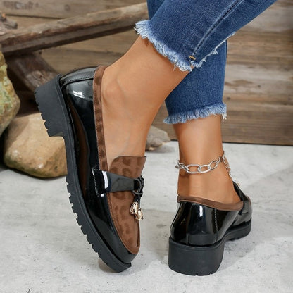 Women's Korean Style Leopard Print Buckle Loafers – Mid-Heel Non-Slip Casual Shoes